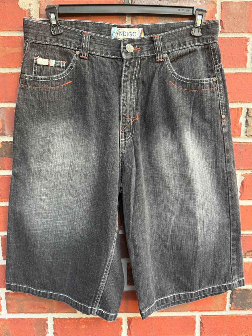 Vintage Y2K Indigo 30 Mens Size 34 Embroidered Black Denim Skater Jean Shorts F5